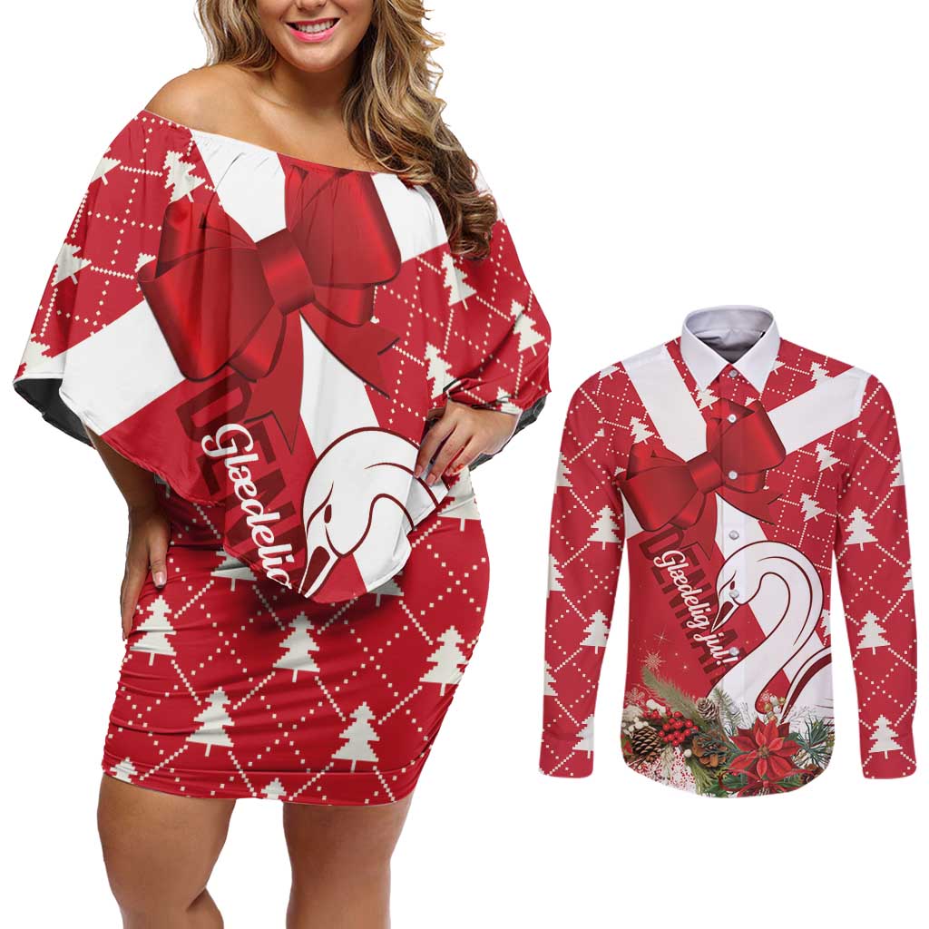 Denmark Christmas Couples Matching Off Shoulder Short Dress and Long Sleeve Button Shirt Coquette Bow With Swan - Wonder Print Shop