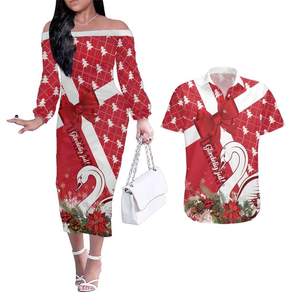 Denmark Christmas Couples Matching Off The Shoulder Long Sleeve Dress and Hawaiian Shirt Coquette Bow With Swan - Wonder Print Shop