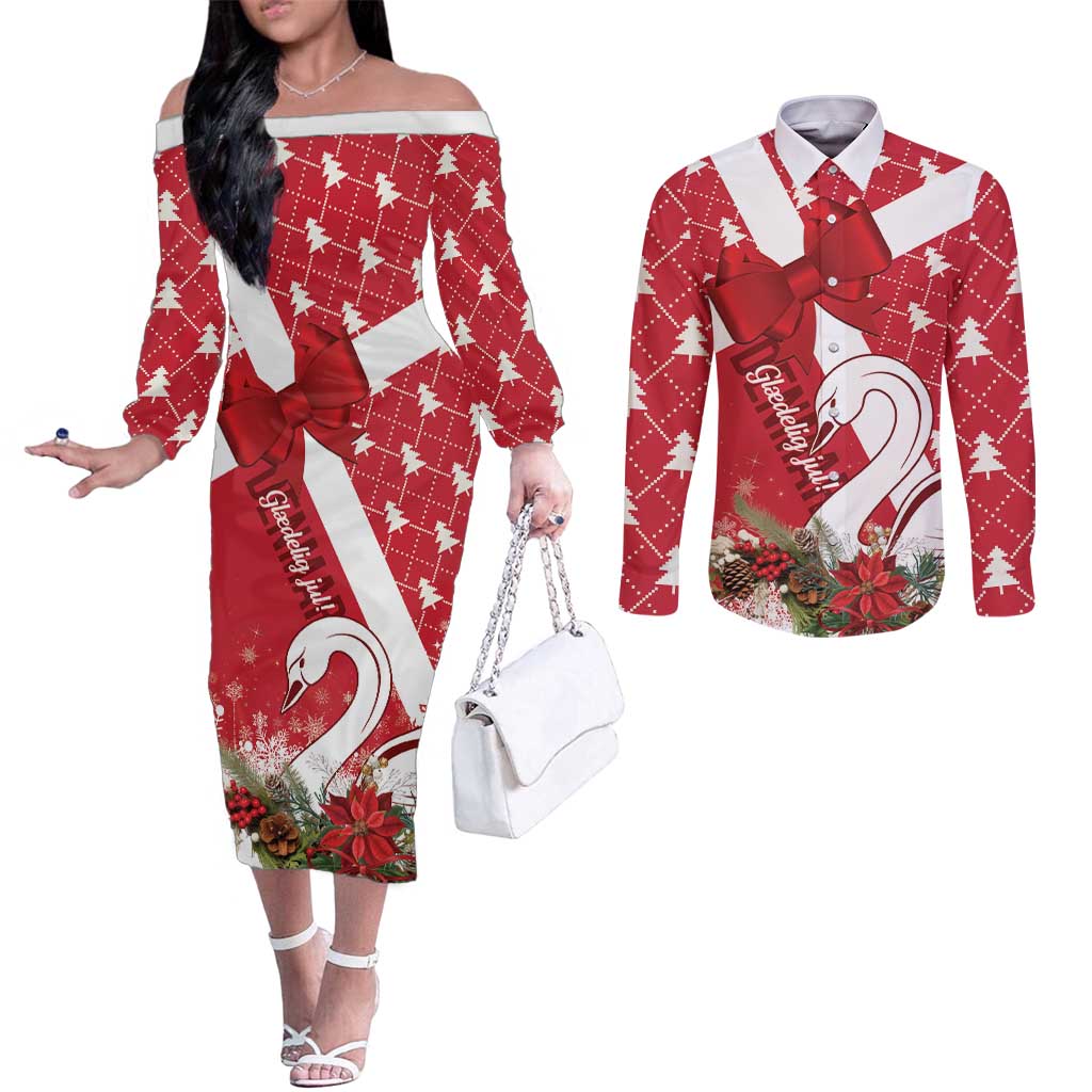 Denmark Christmas Couples Matching Off The Shoulder Long Sleeve Dress and Long Sleeve Button Shirt Coquette Bow With Swan