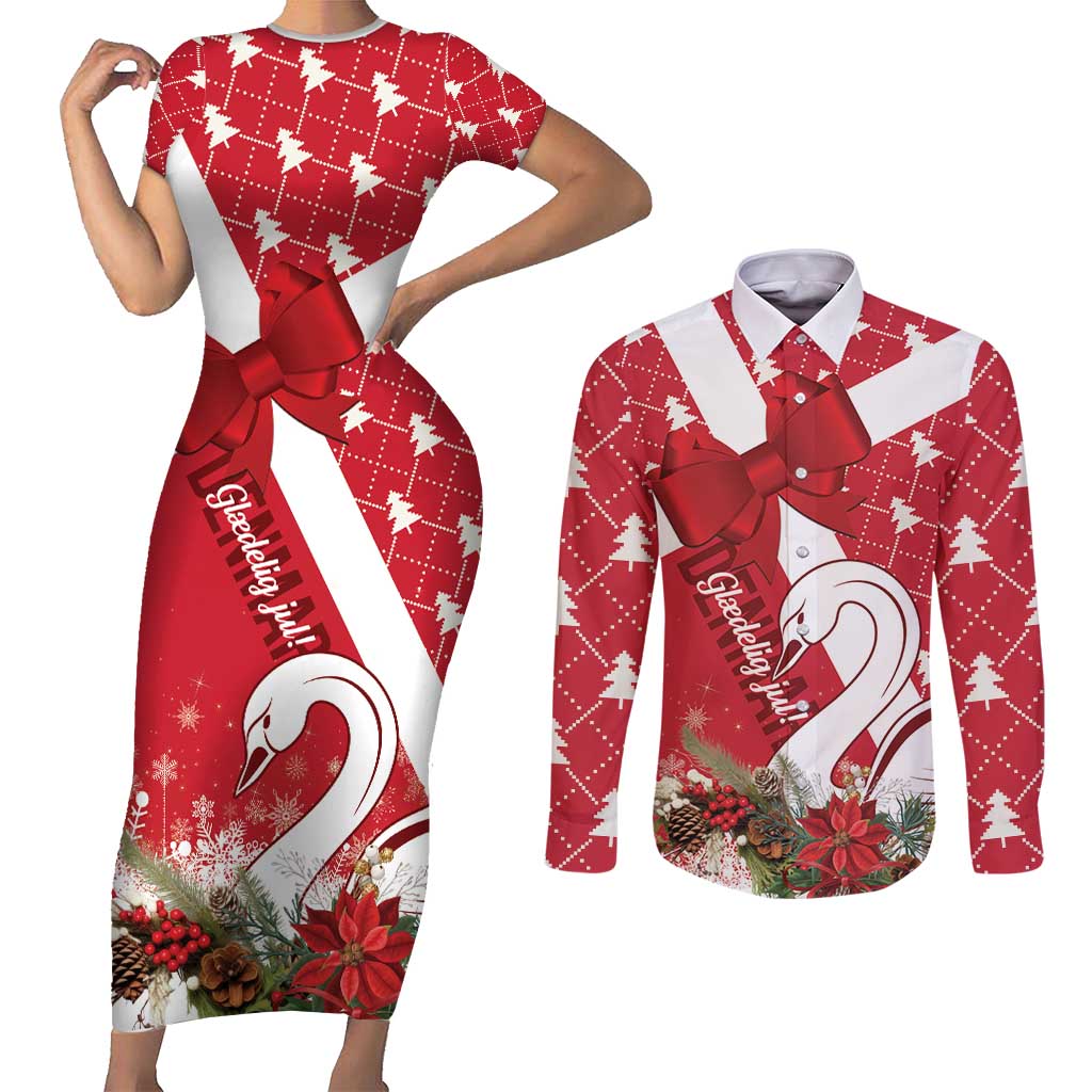 Denmark Christmas Couples Matching Short Sleeve Bodycon Dress and Long Sleeve Button Shirt Coquette Bow With Swan - Wonder Print Shop