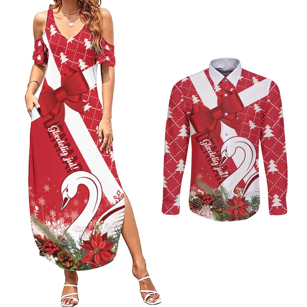 Denmark Christmas Couples Matching Summer Maxi Dress and Long Sleeve Button Shirt Coquette Bow With Swan - Wonder Print Shop