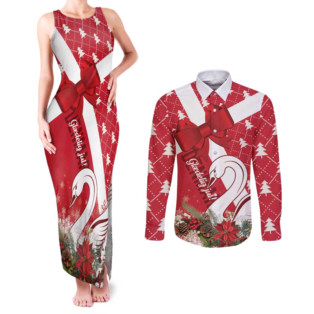 Denmark Christmas Couples Matching Tank Maxi Dress and Long Sleeve Button Shirt Coquette Bow With Swan - Wonder Print Shop