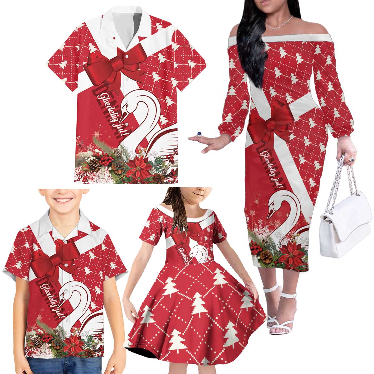 Denmark Christmas Family Matching Off The Shoulder Long Sleeve Dress and Hawaiian Shirt Coquette Bow With Swan - Wonder Print Shop