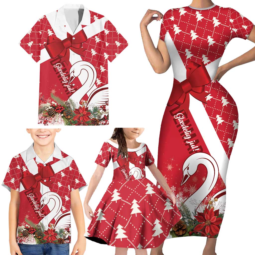 Denmark Christmas Family Matching Short Sleeve Bodycon Dress and Hawaiian Shirt Coquette Bow With Swan - Wonder Print Shop