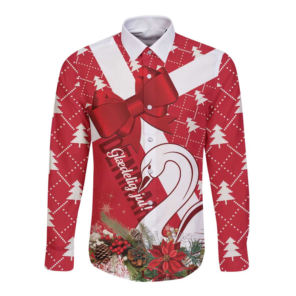 Red long-sleeve button shirt with white collar, ribbon bow and swan heart print