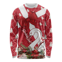 Red long-sleeve crewneck shirt with large satin bow and swan holiday graphic