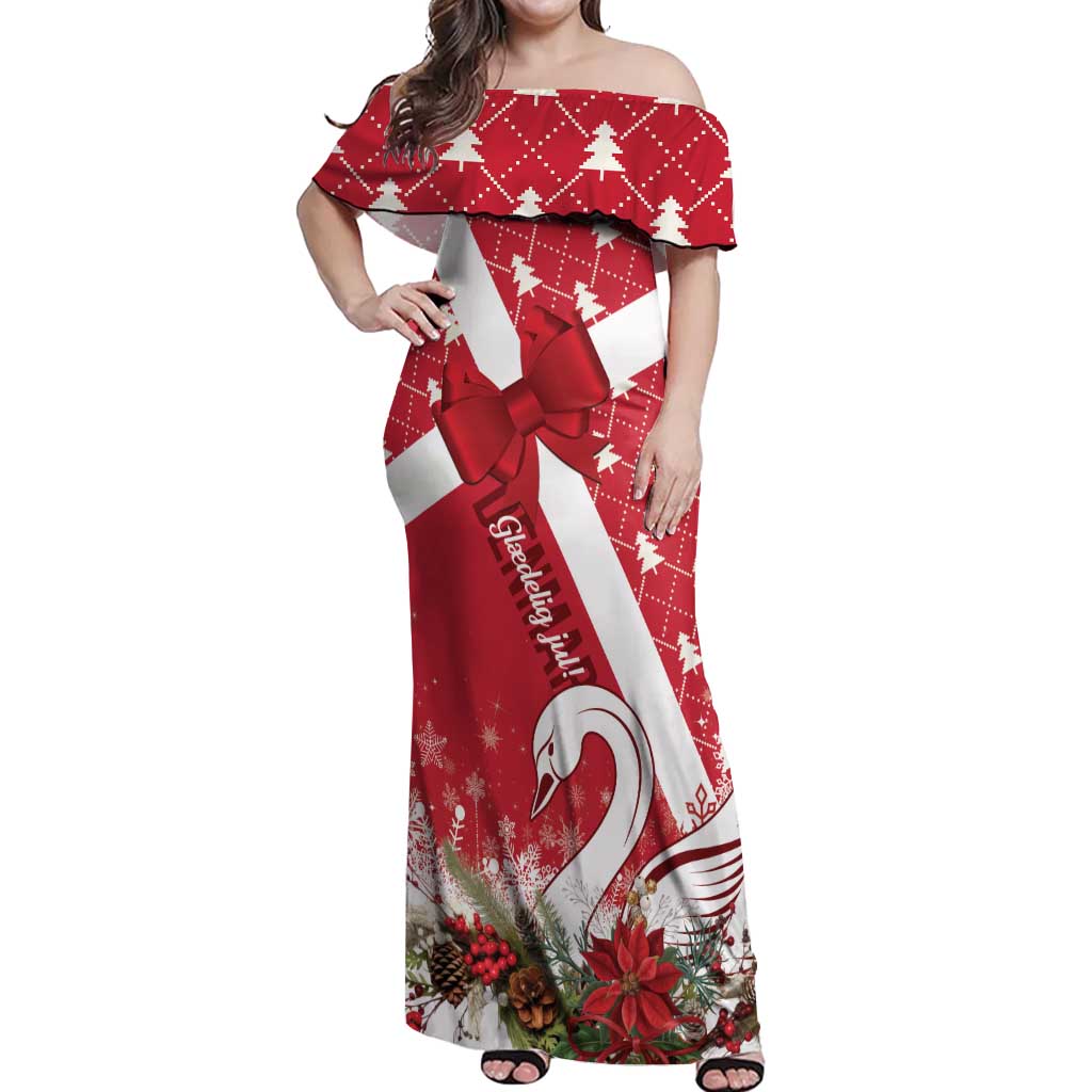 Denmark Christmas Off Shoulder Maxi Dress Coquette Bow With Swan - Wonder Print Shop