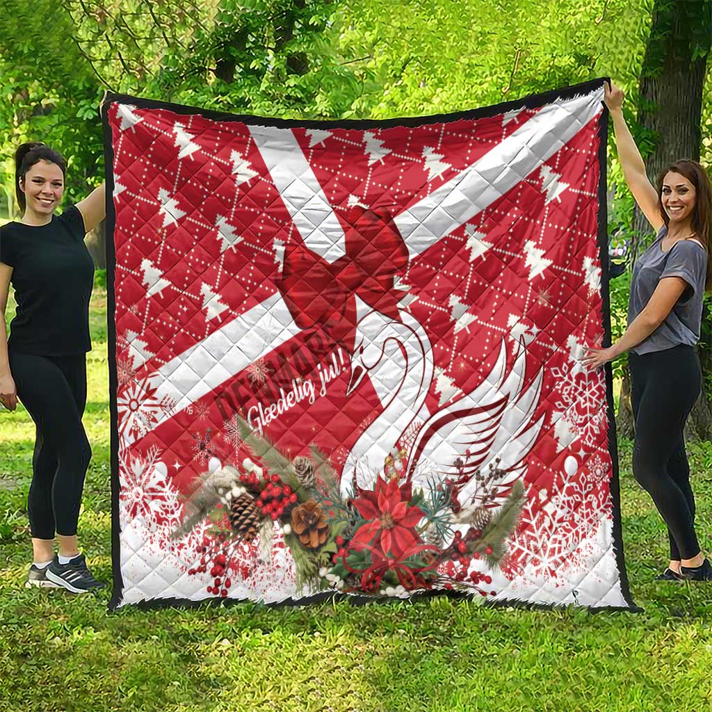 Red holiday quilt with white diagonal stripes, star blocks, swan and floral print