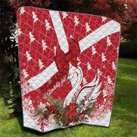 Red and white outdoor holiday quilt with star patchwork, swan feather print, florals