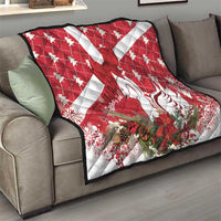 Red and white swan-themed holiday quilt with white stripe panels and floral border