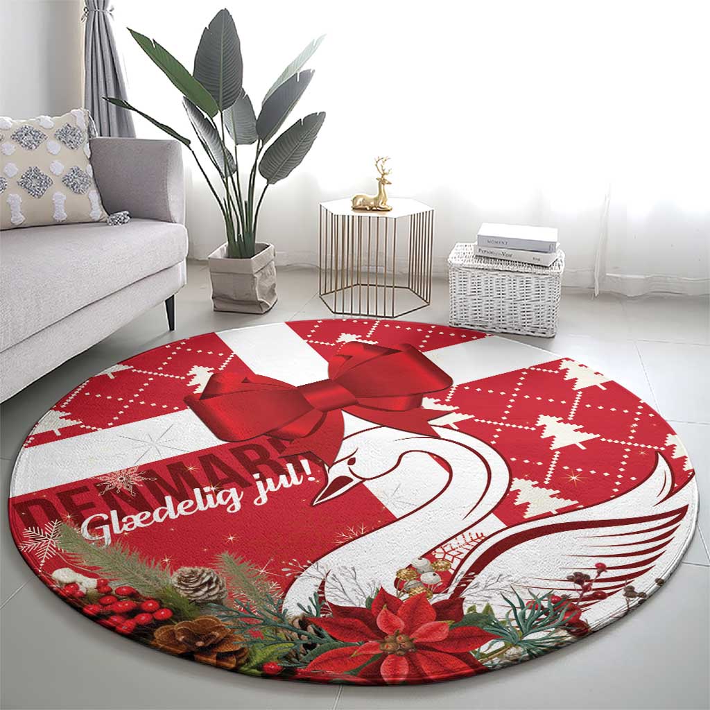 Round red Christmas area rug with ribbon bow, swan-heart motif, and holiday botanical print