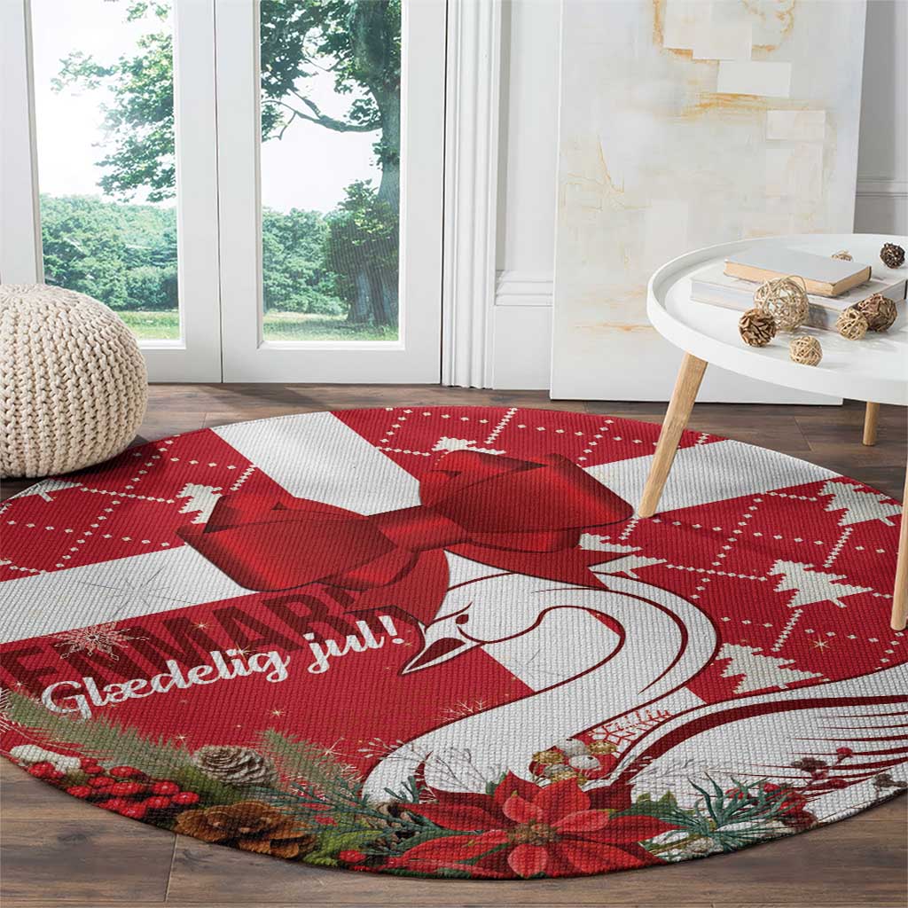 Red round Christmas rug featuring coquette bow, swan-heart illustration, poinsettia accents