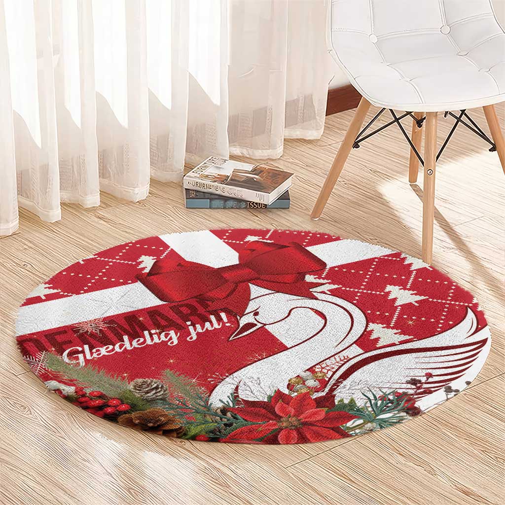 Red round Christmas rug with red ribbon bow, swan heart graphic, and winter motif border