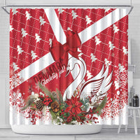 Red and white holiday shower curtain with central bow, swan graphic, floral base