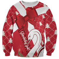 Red and gray Christmas sweatshirt with large bow and swan graphic, crew neck