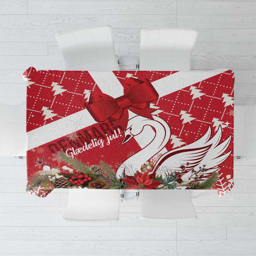 Red Christmas tablecloth with large bow and swan holiday print