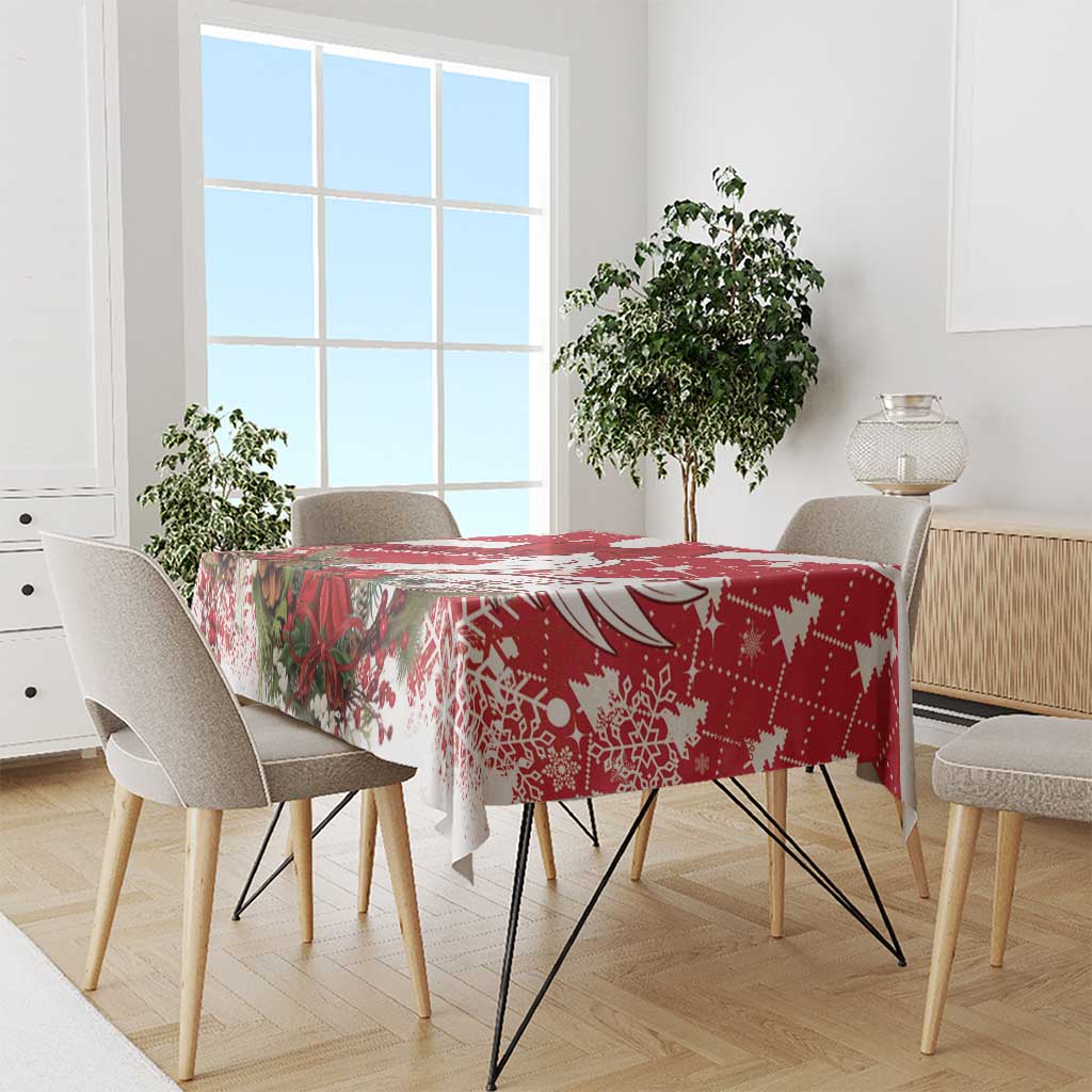 Red Christmas tablecloth with swan and geometric wintry motifs