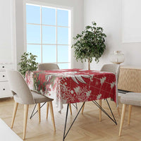 Red Christmas tablecloth with swan and geometric wintry motifs