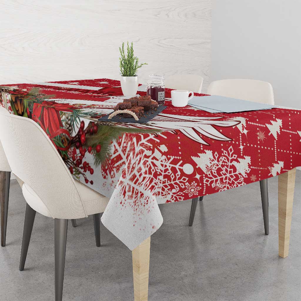 Red Christmas tablecloth with swan, pine and berry pattern