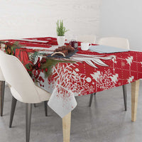 Red Christmas tablecloth with swan, pine and berry pattern