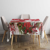 Red Christmas tablecloth with holly and leaf border, swan motif