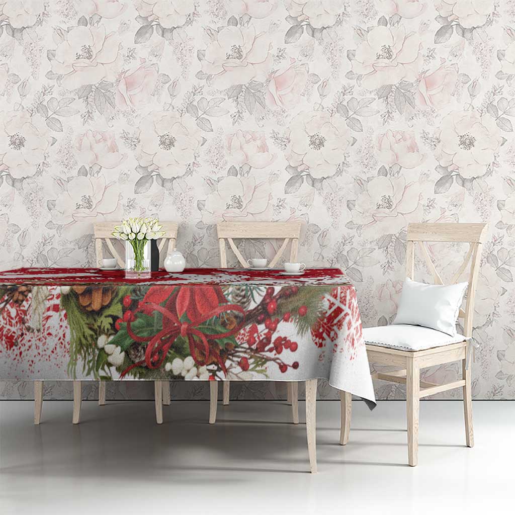 Red Christmas tablecloth with floral holly motif and swan design