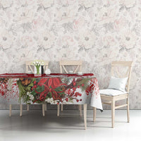 Red Christmas tablecloth with floral holly motif and swan design