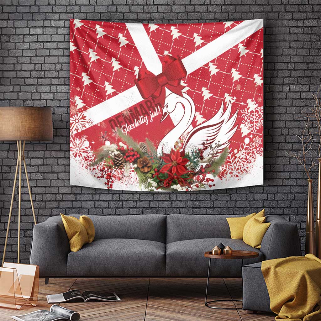 Red wall tapestry featuring coquette bow, white diagonal stripes, and swan with florals