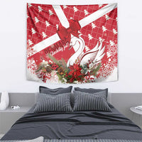 Red Christmas tapestry wall hanging with bow, swan outline, and poinsettia bouquet