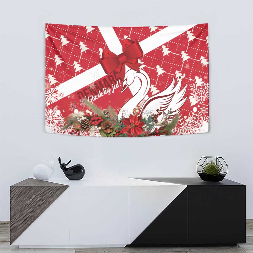 Red Christmas wall tapestry with ribbon bow, swan graphic, and winter floral border