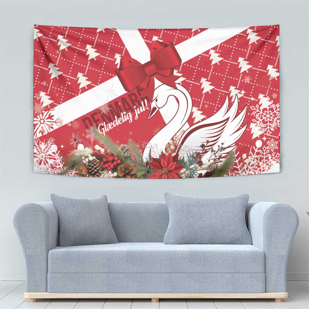 Red Christmas tapestry with bow and swan motif, white stripes, and poinsettia greenery