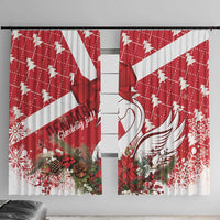 Red Christmas window curtain set with white swan graphic and gathered bow tie