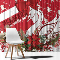 Red Christmas window curtain with white swan and ribbon-heart motif, hanging panel