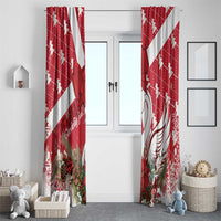 Red Christmas window curtain panels with white swan graphic and holiday floral print