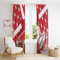 Red Christmas window curtain panels with white swan graphic and poinsettia border