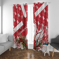 Red Christmas window curtain panels with white swan graphic and pinecone floral detail