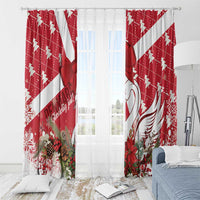 Red Christmas window curtain set with white swan graphic, bow tie and festive decor print