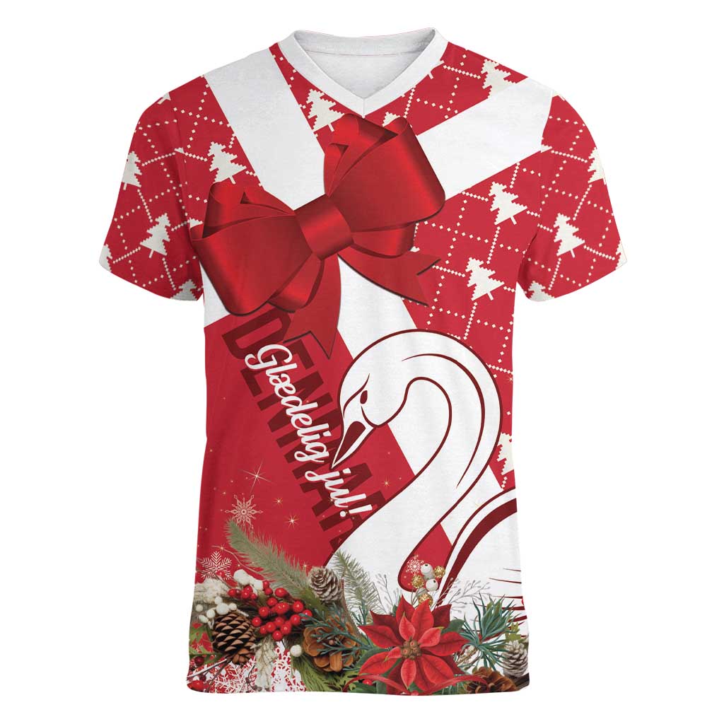 Denmark Christmas Women V-Neck T-Shirt Coquette Bow With Swan