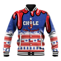 Blue baseball jacket with Chile graphic, Feliz Navidad script, red drip trim and ribbed collar