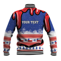 Blue baseball jacket back with 'YOUR TEXT' and Chile flag band, ribbed collar