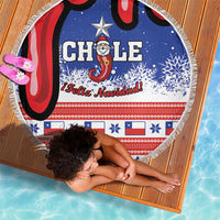 Round beach blanket with Chile Feliz Navidad Santa print, blue/red, white tassel fringe