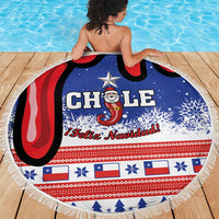 Round beach blanket with Chile Feliz Navidad Santa graphic, blue/red stripes and snowflakes