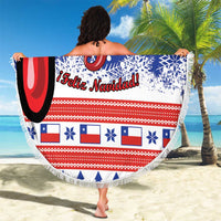 Round beach blanket with Chile Feliz Navidad text, Santa face graphic, blue/red fringe