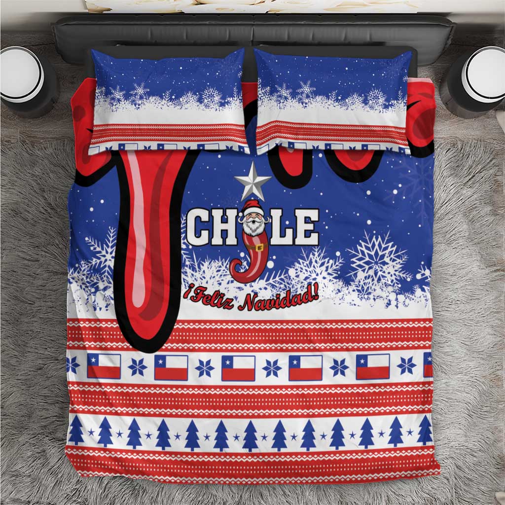 Blue Chile Christmas bedding set with duvet and two matching pillows, festive pattern.
