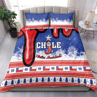 Blue Chile Christmas bedding set with duvet and two pillows, red-and-white striping.