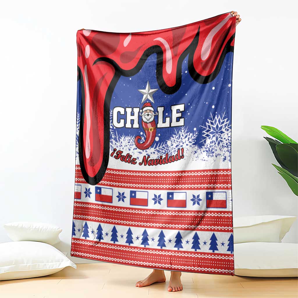 Blue and red Chile Christmas blanket with Santa, stars, snowflakes, and stripes pattern