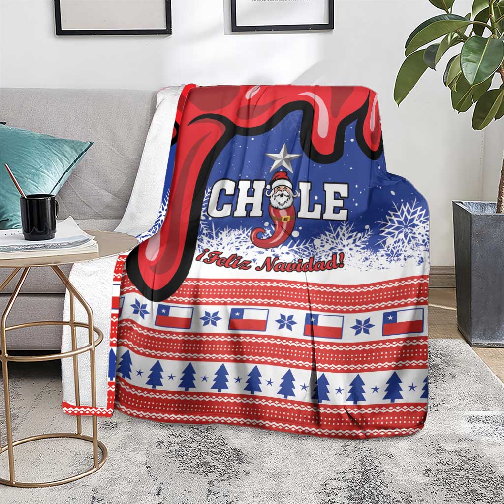 Blue and red Chile Christmas blanket with Santa, snowflakes, and horizontal holiday borders