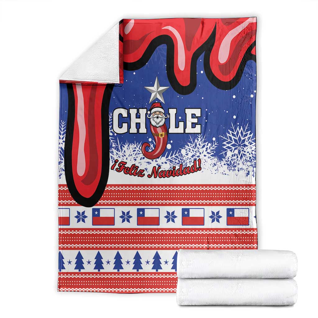 Folded blue and red Chile Christmas blanket with Santa, Feliz Navidad script, and snowflakes