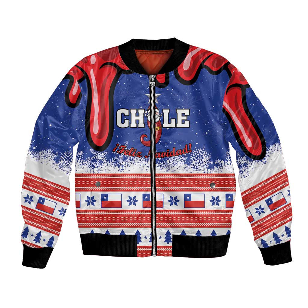 Blue bomber jacket with Chile and Feliz Navidad front zip, ribbed cuffs