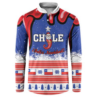 Personalized Chile Feliz Navidad button sweatshirt in blue and red with holiday print
